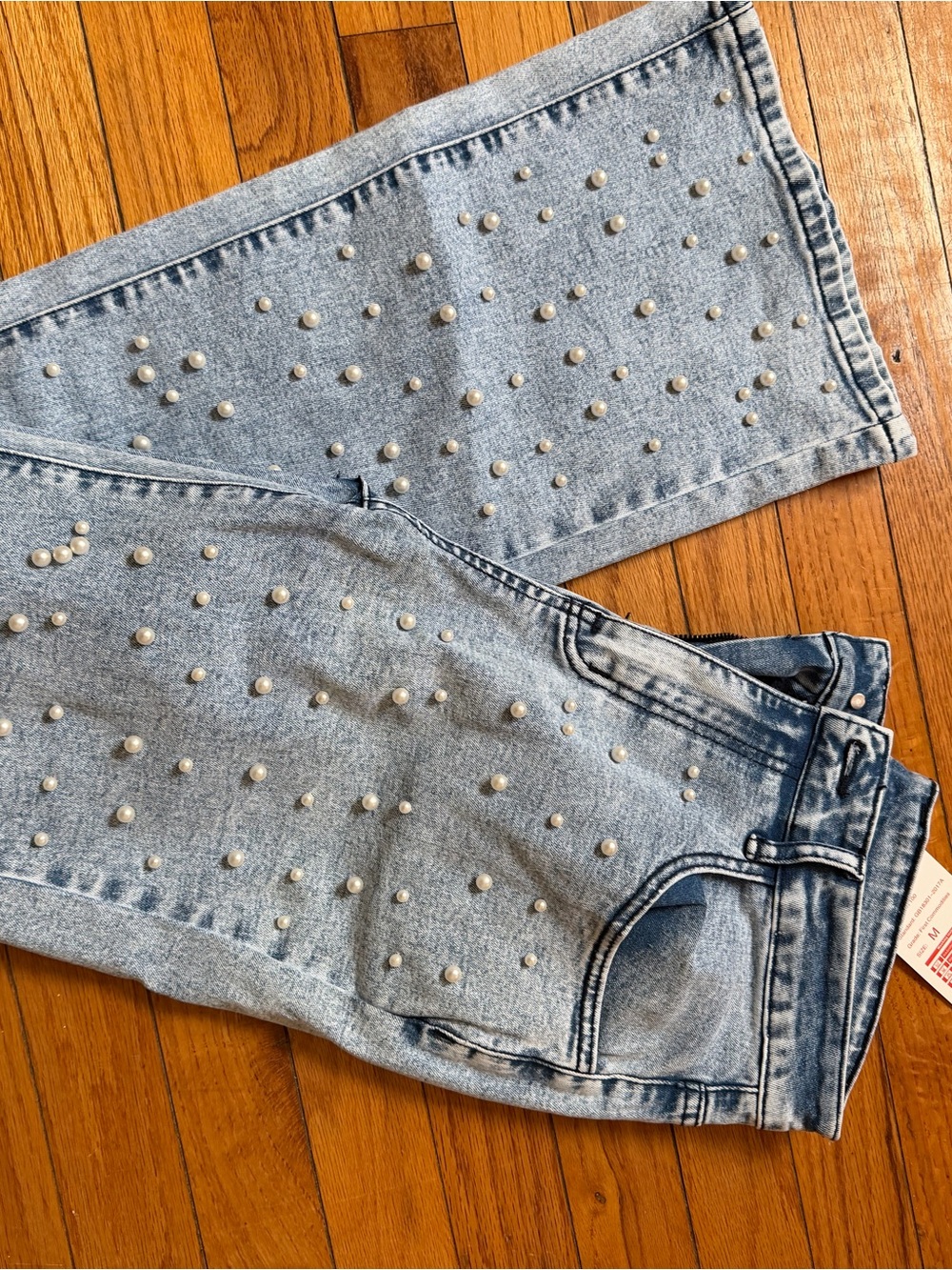 Amazon Women's Straight Leg Pearl-Embellished Light Blue Jeans
